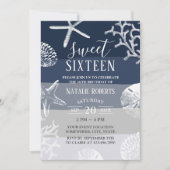 Sweet 16 Party Elegant Navy Blue Beach Starfish Einladung (Vorderseite)