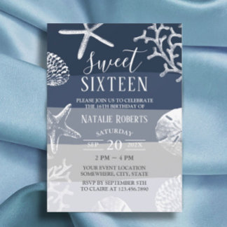 Sweet 16 Party Elegant Navy Blue Beach Starfish Einladung
