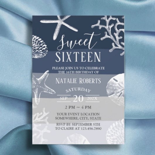 Sweet 16 Party Elegant Navy Blue Beach Starfish Einladung