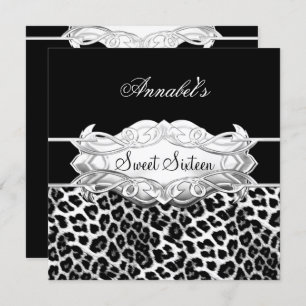 Sweet 16 Party Elegant Schwarz-weiß Leopard Einladung