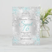 Sweet 16 Party Foto Silver Aquamarin blauer Schnee Einladung (Stehend Vorderseite)