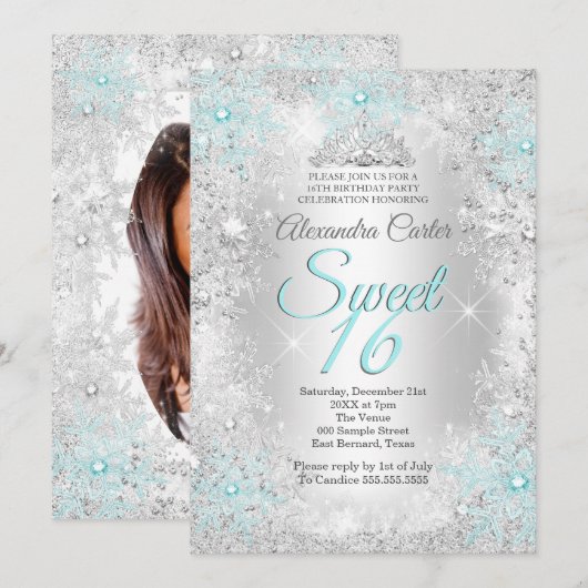 Sweet 16 Party Foto Silver Aquamarin blauer Schnee Einladung (Vorne/Hinten)