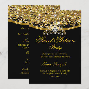 Sweet 16 Party Glitter Gold Schwarz Einladung