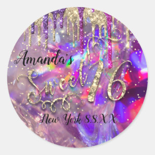 Sweet 16. Party Glitzer Holographic Gold Script Runder Aufkleber