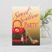 Sweet 16 Party Glitzer Stiletto Purse & Lipstick Einladung (Stehend Vorderseite)