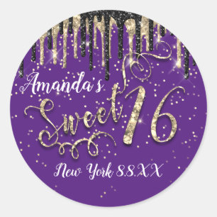 Sweet 16. Party Gold Confetti Tropfen Schwarz Lila Runder Aufkleber