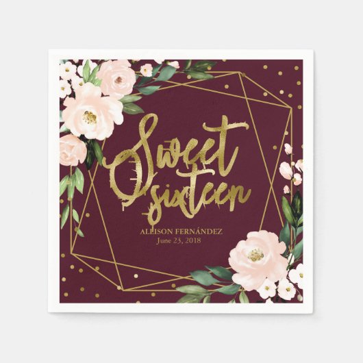 Sweet 16 Party Gold Foil Blush Bloral Burgund Serviette (Vorderseite)