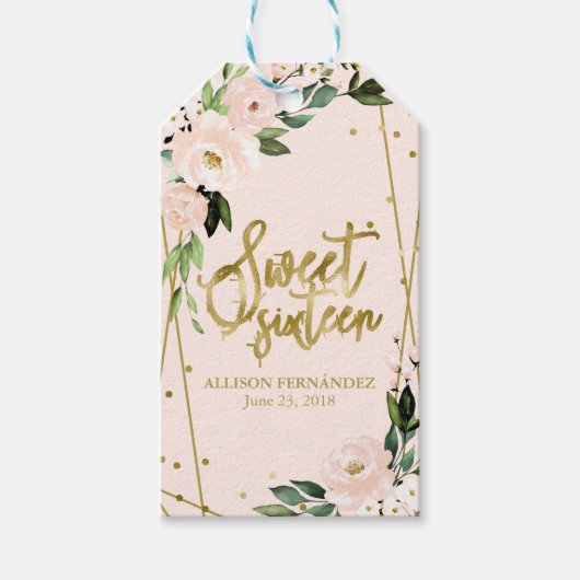 Sweet 16 Party Gold Foil Blush Pink Floral Geschenkanhänger (Vorderseite)