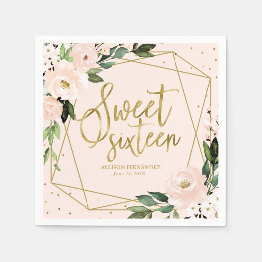 Sweet 16 Party Gold Foil Blush Pink Floral Serviette (Vorderseite)