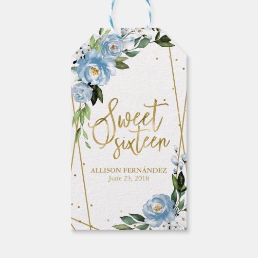 Sweet 16 Party Gold Foil Dusty Blue Floral Geschenkanhänger (Rückseite)