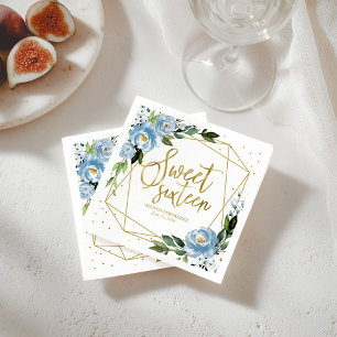 Sweet 16 Party Gold Foil Dusty Blue Floral Napkins Serviette