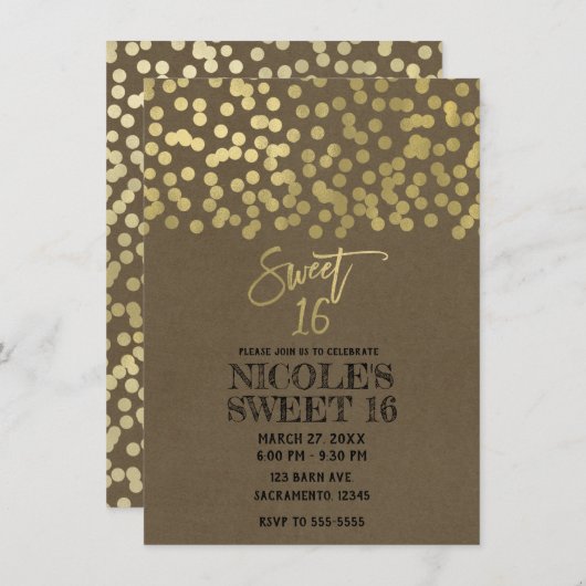 Sweet 16 Party Gold Foil Moderne schicke rustikale Einladung (Vorne/Hinten)