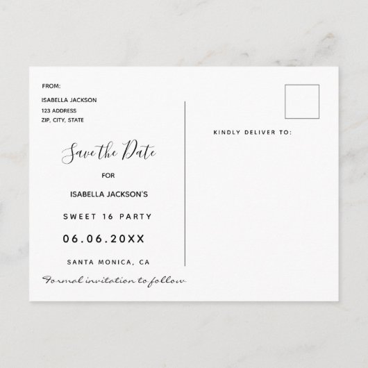 Sweet 16 Party Gold Glitzer Save the Date schwarz Postkarte (Rückseite)