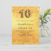 Sweet 16 Party Gold Glitzer Tropfen Glam Einladung (Stehend Vorderseite)