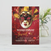 Sweet 16 Party Gold Masquerade Maske Einladung (Stehend Vorderseite)
