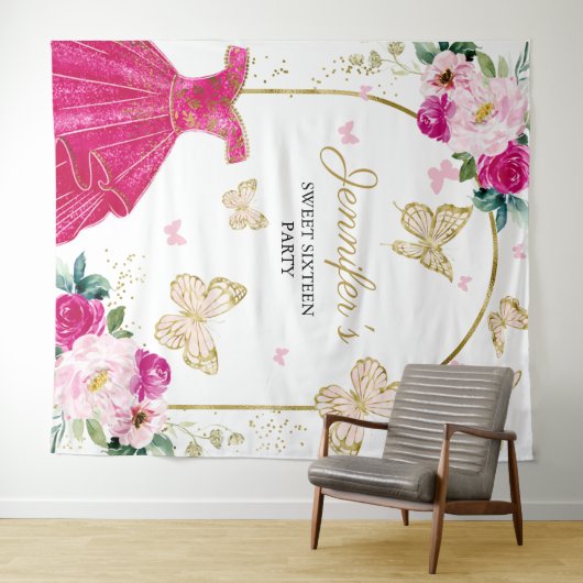 Sweet 16 Party Hintergrund - Schmetterlingsblumenk Wandteppich (Beispiel (Horizontal))