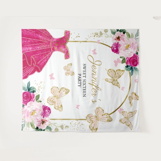 Sweet 16 Party Hintergrund - Schmetterlingsblumenk Wandteppich (Vorderseite (Horizontal))