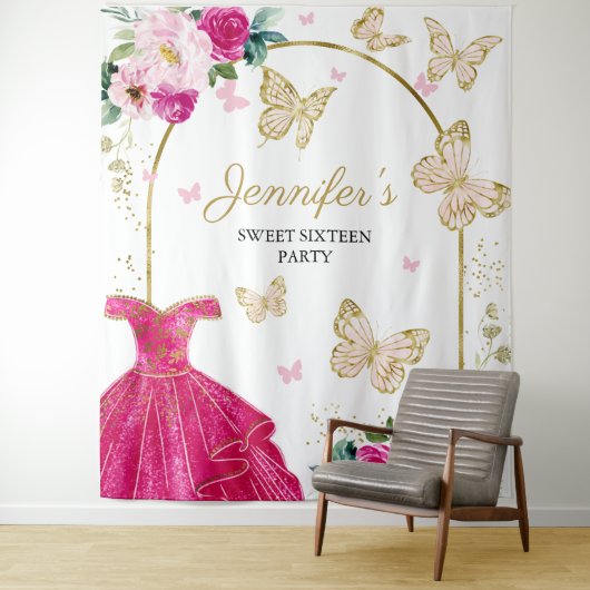 Sweet 16 Party Hintergrund - Schmetterlingsblumenk Wandteppich (Beispiel)