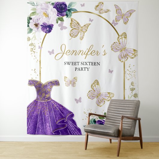 Sweet 16 Party Hintergrund - Schmetterlingsblumenk Wandteppich (Beispiel)