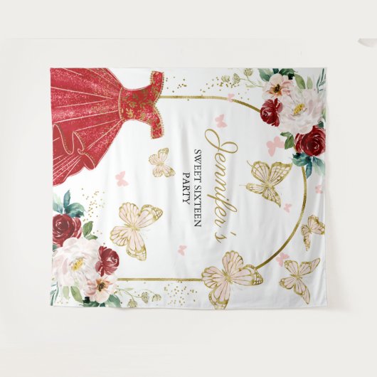 Sweet 16 Party Hintergrund - Schmetterlingsblumenk Wandteppich (Vorderseite (Horizontal))