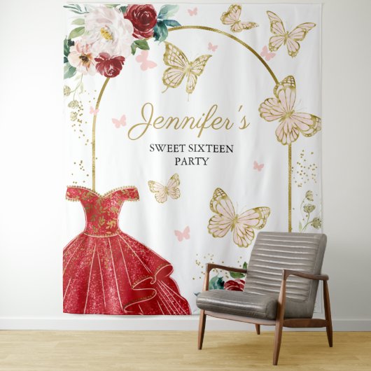 Sweet 16 Party Hintergrund - Schmetterlingsblumenk Wandteppich (Beispiel)