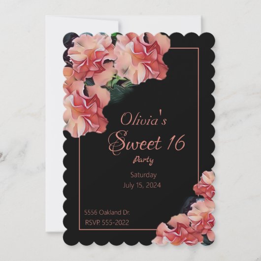 Sweet 16 Party lädt mit rosa Blumen und schwarz ei Einladung (Vorderseite)