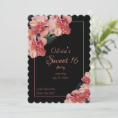 Sweet 16 Party lädt mit rosa Blumen und schwarz ei Einladung (Stehend Vorderseite)