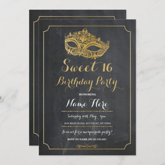 Sweet 16 Party MASQUERADE Birthday Gold Maske Chal Einladung (Vorne/Hinten)