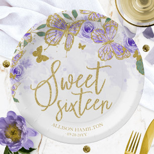 Sweet 16 Party Paper Plate Lila Butterfly Floral Pappteller