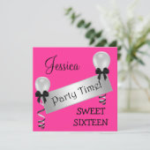 Sweet 16 Party Pink Black Silver Bows Balloons Einladung (Stehend Vorderseite)