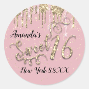 Sweet 16. Party Pink Blush Gold Confetti Tropfen Runder Aufkleber