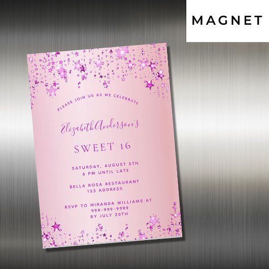 Sweet 16 party pink stars magnet invitation