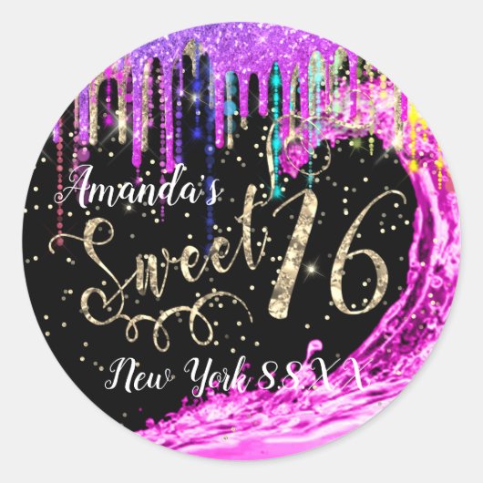 Sweet 16. Party Pink Waves Confetti Regenbogen Runder Aufkleber (Vorderseite)