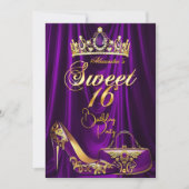 Sweet 16 Party Purple Tiara High heel Purse Gold Einladung (Vorderseite)