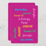 Sweet 16 Party Rosa Einladung, Personalisiert, Nam Einladung<br><div class="desc">Was für eine wundervolle, lustige Sweet 16 Party Einladung! Auf der Vorderseite wiederholt sich Ihr Text in verschiedenen Schriftart und Farben auf einem heißen rosa Hintergrund. Auf der Rückseite, die Veranstaltung Details. Es ist einfach, NAME, TEXT und DETAILS auf Vorder- und Rückseite zu ändern. Die optionale Keilkante trägt zum Spaß...</div>