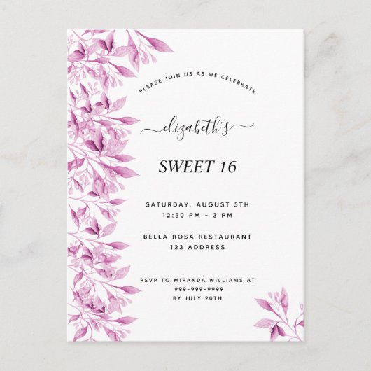 Sweet 16 Party Rosa, weiße botanische Blumen Postkarte (Vorderseite)