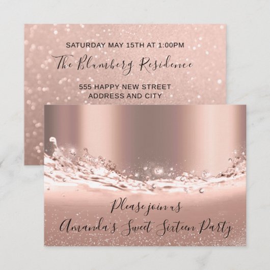 Sweet 16. Party Rose Gold Glitzer Brautparty Einladung (Vorne/Hinten)