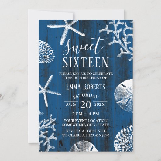 Sweet 16 Party Rustic Navy Blue Beach Starfish Einladung (Vorderseite)