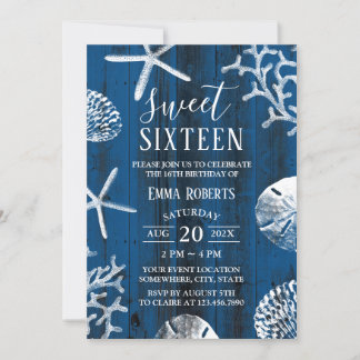Sweet 16 Party Rustic Navy Blue Beach Starfish Einladung