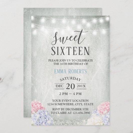 Sweet 16 Party Rustikale Hydrangeas Elegant floral Einladung (Vorne/Hinten)