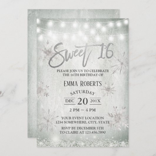 Sweet 16 Party Rustikale Winterschneeflocken Einladung (Vorne/Hinten)