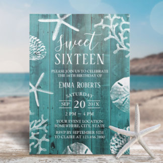 Sweet 16 Party Rustikaler Aquamariner Strand Starf Einladung