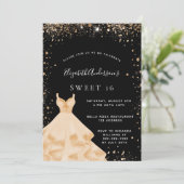 Sweet 16 Party Schwarz Gold Glitzer Kleid Einladung (Stehend Vorderseite)