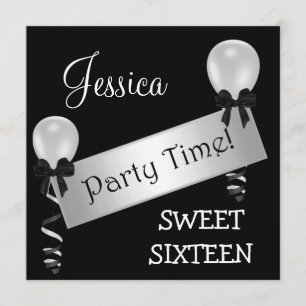 Sweet 16 Party Schwarz-weiß Silver Bows Balloons Einladung
