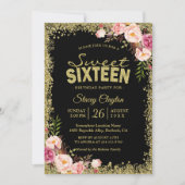 Sweet 16 Party - Schwarze Gold Glitzer Rosa Blüte Einladung (Vorderseite)