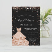 Sweet 16 Party Schwarze Rose Gold Glitzer Kleid Einladung (Stehend Vorderseite)