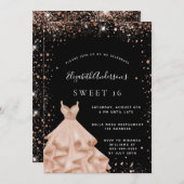 Sweet 16 Party Schwarze Rose Gold Glitzer Kleid Einladung (Vorne/Hinten)