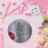 Sweet 16 Party silber blumenburgund Pappteller (Party)