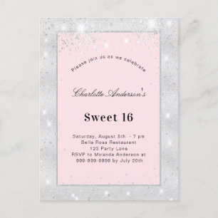 Sweet 16-Party Silber-Rosa Glitter Einladungspostkarte