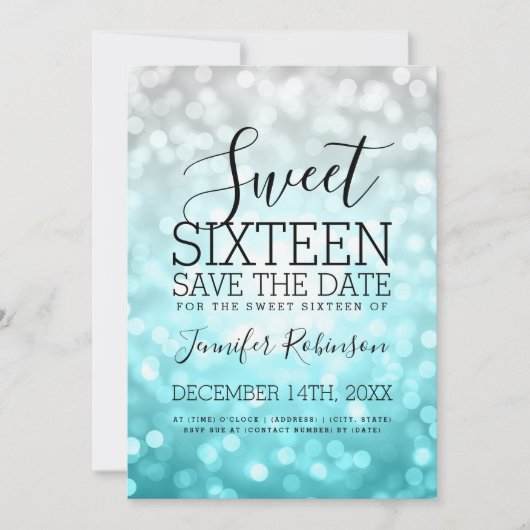 Sweet 16 Party Silver Aquamarin Glitzer Lights Save The Date (Vorderseite)